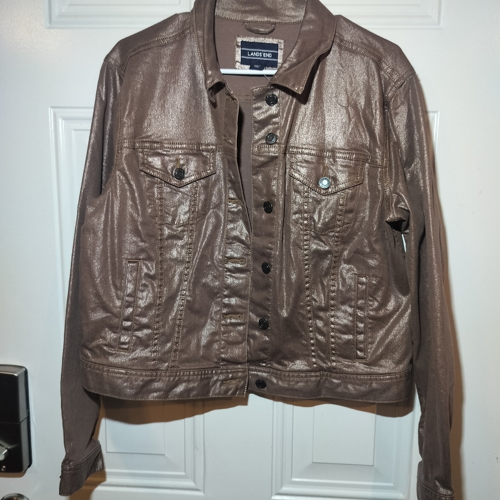 Lands’ End Women’s Brown Gold Shimmer Coated Jacket Size L (14–16)